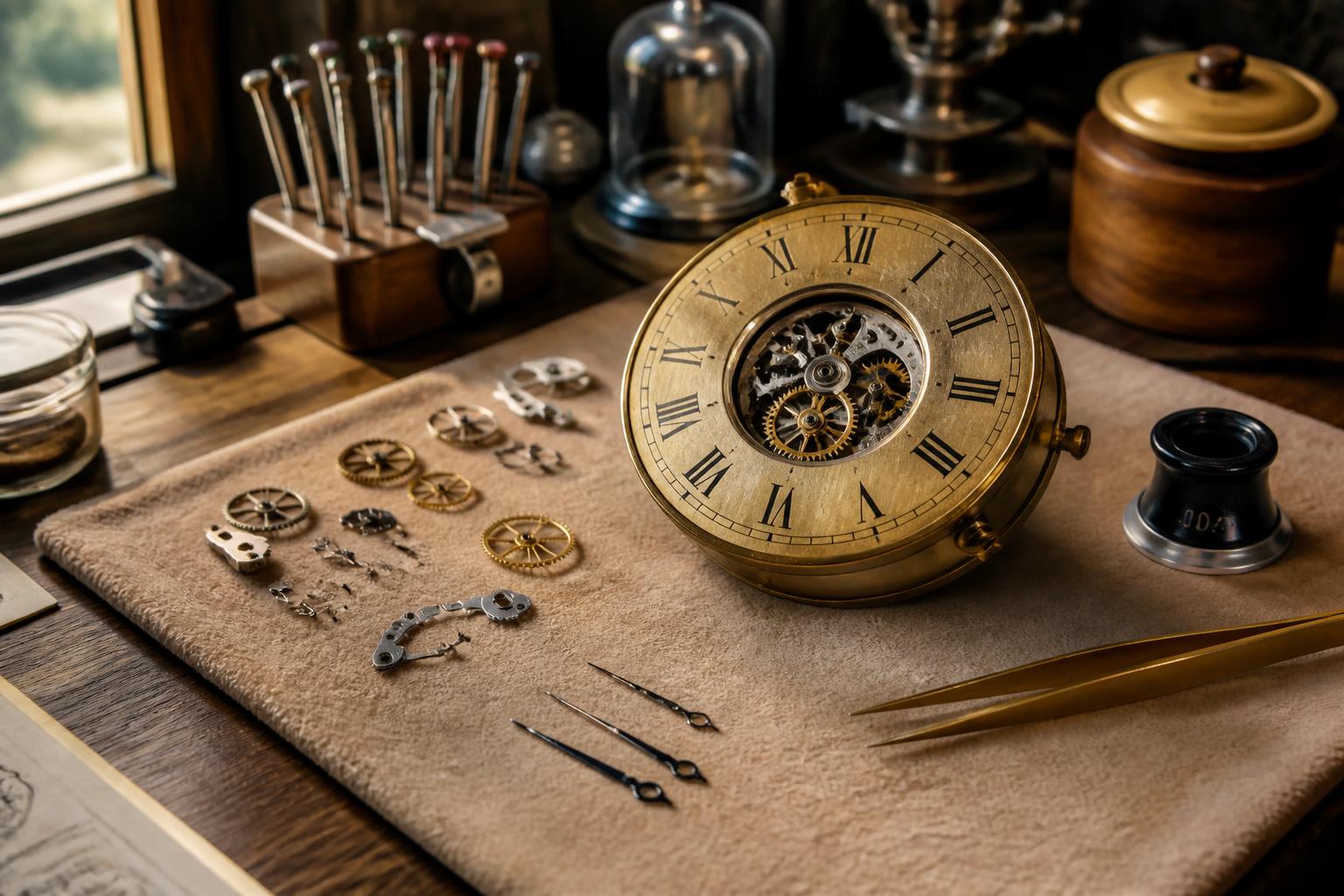 Établi de l'atelier — pièces d'horlogerie ancienne